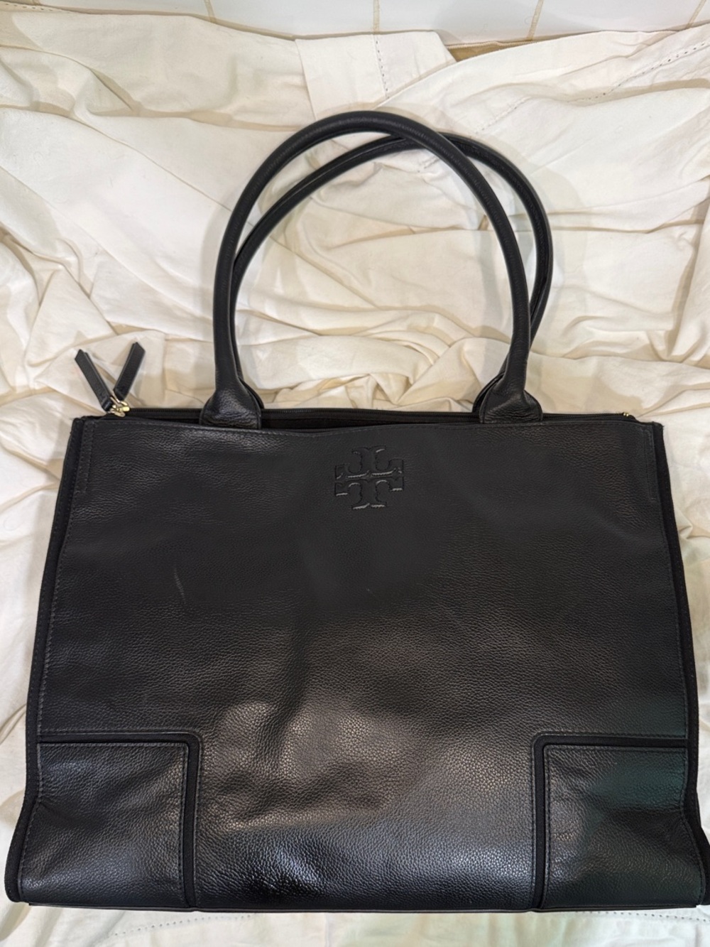 Tory Burch Ella Black Leather & Canvas Tote – Large Work Bag